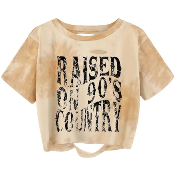 Women's Raised on 90s Country Distressed Tee Shirt Vintage Country Concert Graphic Short Sleeve Summer Crop Tops(S,02Tie dye-1) by TIXOM - Used - Like New condition - US$12.48