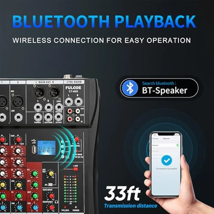 FULUODE Audio Mixer 8 Channel, CT-80S Professional Sound System Mixer Board DJ Mixing Console with Reverb MP3 Player Bluetooth 48V Phantom Power Supply USB Recording for Studio Karaoke Live Music by FULUODE - Image 3