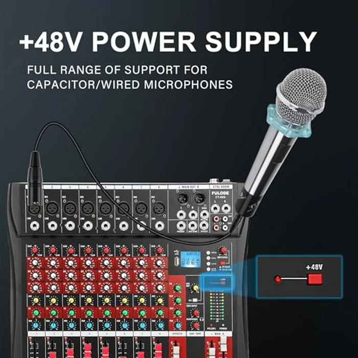 FULUODE Audio Mixer 8 Channel, CT-80S Professional Sound System Mixer Board DJ Mixing Console with Reverb MP3 Player Bluetooth 48V Phantom Power Supply USB Recording for Studio Karaoke Live Music by FULUODE - Image 6