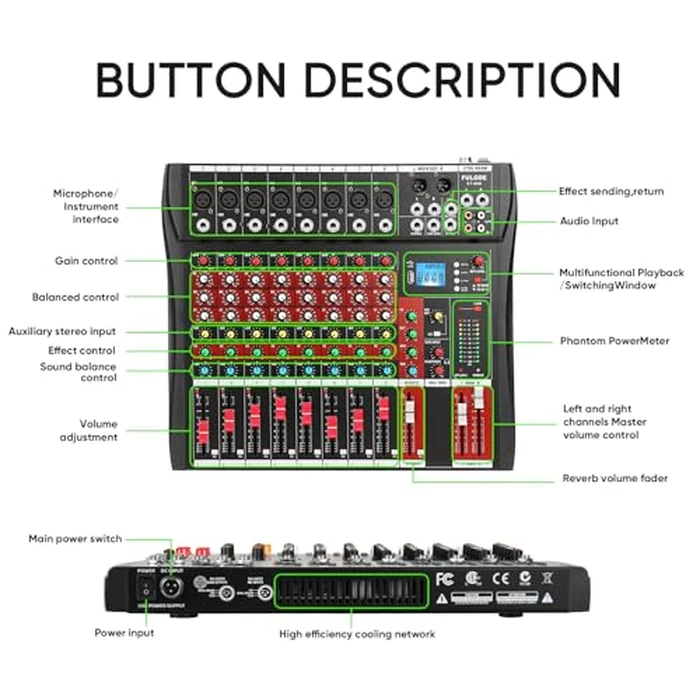 FULUODE Audio Mixer 8 Channel, CT-80S Professional Sound System Mixer Board DJ Mixing Console with Reverb MP3 Player Bluetooth 48V Phantom Power Supply USB Recording for Studio Karaoke Live Music by FULUODE - Image 8