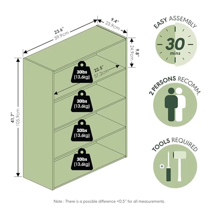 Furinno PASIR Book Shelf, 4-Tier Bookshelf, Bookcase with Open Shelf, 9.4 x 23.6 x 41.7, for Living Room, Bedroom, Home Office, White by Furinno - Image 3