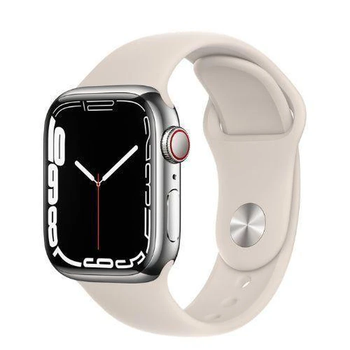 Apple Watch Series 7 (Cellular + GPS) - 32GB - 45mm - Silver Stainless Steel Case with Starlight Rubber Sport Band by Apple - Image 2