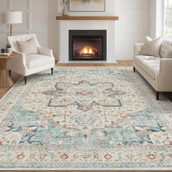 Tortania Area Rug Living Room Rugs - 10x14 Washable Boho Rug Vintage Oriental Distressed Farmhouse Large Thin Indoor Carpet for Living Room Bedroom Under Dining Table Home Office - Aqua by Tortania - Image 1