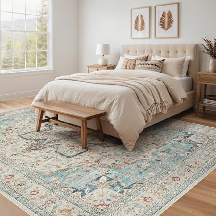 Tortania Area Rug Living Room Rugs - 10x14 Washable Boho Rug Vintage Oriental Distressed Farmhouse Large Thin Indoor Carpet for Living Room Bedroom Under Dining Table Home Office - Aqua by Tortania - Image 2