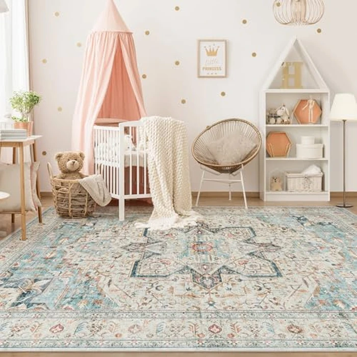 Tortania Area Rug Living Room Rugs - 10x14 Washable Boho Rug Vintage Oriental Distressed Farmhouse Large Thin Indoor Carpet for Living Room Bedroom Under Dining Table Home Office - Aqua by Tortania - Image 3