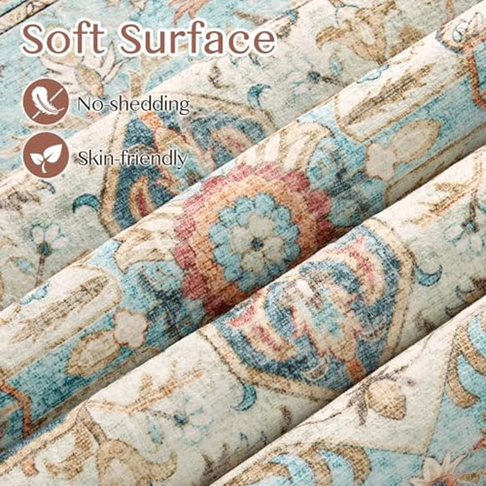 Tortania Area Rug Living Room Rugs - 10x14 Washable Boho Rug Vintage Oriental Distressed Farmhouse Large Thin Indoor Carpet for Living Room Bedroom Under Dining Table Home Office - Aqua by Tortania - Image 4