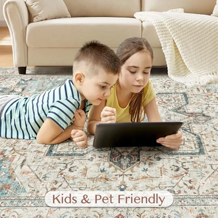 Tortania Area Rug Living Room Rugs - 10x14 Washable Boho Rug Vintage Oriental Distressed Farmhouse Large Thin Indoor Carpet for Living Room Bedroom Under Dining Table Home Office - Aqua by Tortania - Image 6