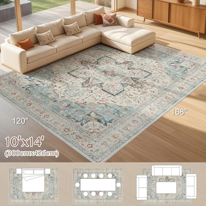 Tortania Area Rug Living Room Rugs - 10x14 Washable Boho Rug Vintage Oriental Distressed Farmhouse Large Thin Indoor Carpet for Living Room Bedroom Under Dining Table Home Office - Aqua by Tortania - Image 8