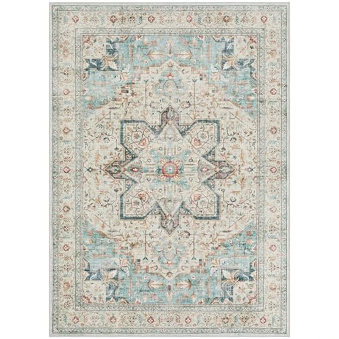 Tortania Area Rug Living Room Rugs - 10x14 Washable Boho Rug Vintage Oriental Distressed Farmhouse Large Thin Indoor Carpet for Living Room Bedroom Under Dining Table Home Office - Aqua by Tortania - Image 9