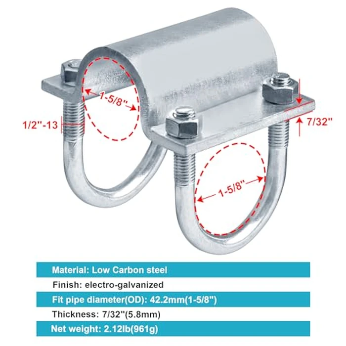 OTTFF 2 Pack 1-5/8" x 1-5/8" U Bolt Cross Clamps, Heavy Duty Adjustable Grid Pipe Connector for Corral Panel, Chain Link Fence, 7/32" Steel by OTTFF - Image 2