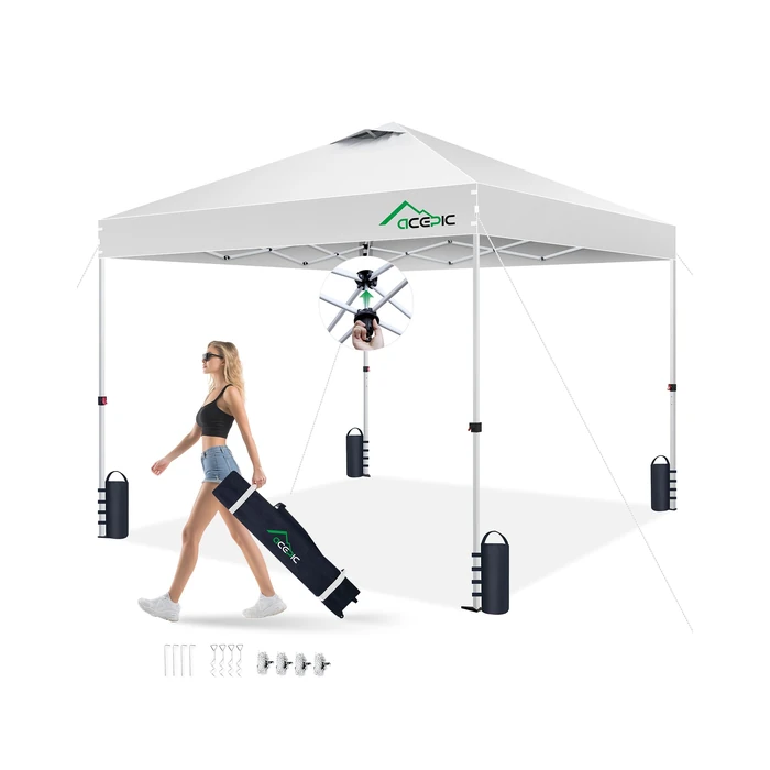 Acepic 10x10 Pop Up Canopy Tent with 300D Silver-Coating Top,Easy Setup Canopy Tent Instant Portable Shelter with 1-Button Push and Wheel Carry Bag, 8 Stakes and 4 Canopy Weights (White, 10 * 10 S) by Acepic - Used - Very Good condition - CA$134.97