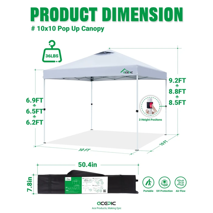 Acepic 10x10 Pop Up Canopy Tent with 300D Silver-Coating Top,Easy Setup Canopy Tent Instant Portable Shelter with 1-Button Push and Wheel Carry Bag, 8 Stakes and 4 Canopy Weights (White, 10 * 10 S) by Acepic - Image 8