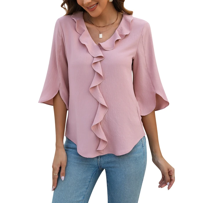 Blooming Jelly Womens Dressy Casual Blouses 3/4 Length Sleeve V Neck Ruffle Tops Business Ladies Summer 2026 Trendy Fashion Work Shirt (Medium, Pink) by Blooming Jelly - Used - Like New condition - US$17.09