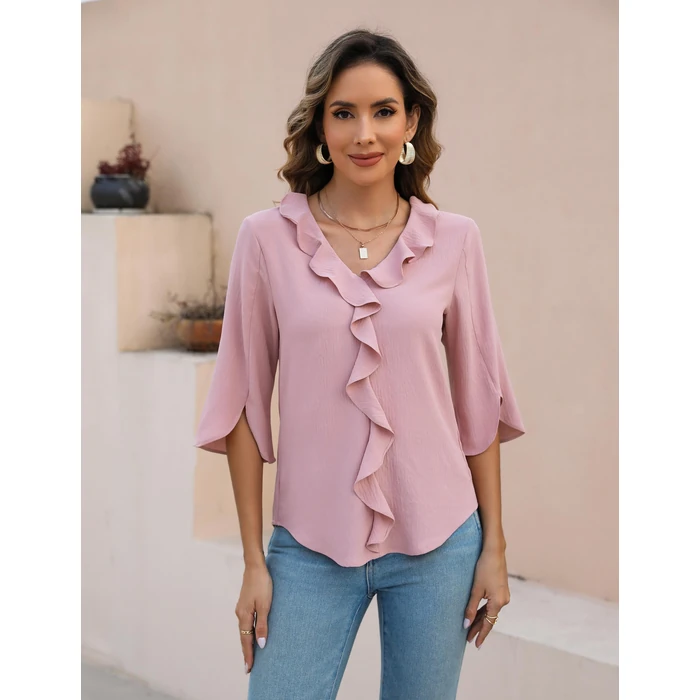 Blooming Jelly Womens Dressy Casual Blouses 3/4 Length Sleeve V Neck Ruffle Tops Business Ladies Summer 2026 Trendy Fashion Work Shirt (Medium, Pink) by Blooming Jelly - Image 2