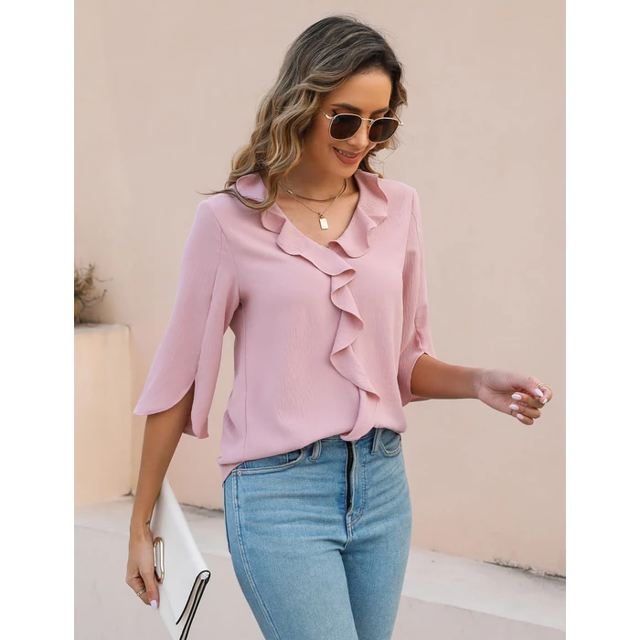 Blooming Jelly Womens Dressy Casual Blouses 3/4 Length Sleeve V Neck Ruffle Tops Business Ladies Summer 2026 Trendy Fashion Work Shirt (Medium, Pink) by Blooming Jelly - Image 4