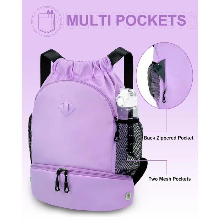 RHDZO Drawstring Backpack Gym Backpack with Shoe Compartment for Men Women String Sports Bag with Wet Pocket Cinch Swim Beach Bag, Large Purple by RHDZO - Image 3