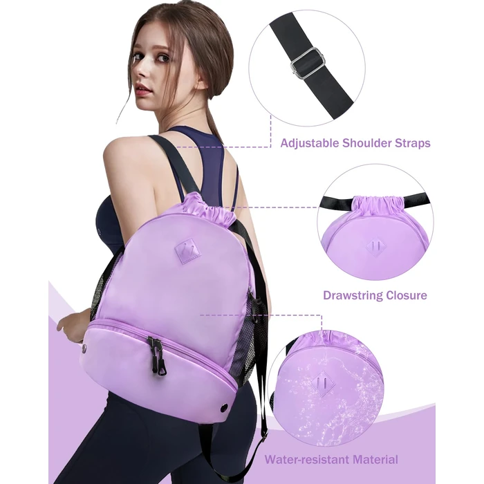 RHDZO Drawstring Backpack Gym Backpack with Shoe Compartment for Men Women String Sports Bag with Wet Pocket Cinch Swim Beach Bag, Large Purple by RHDZO - Image 4