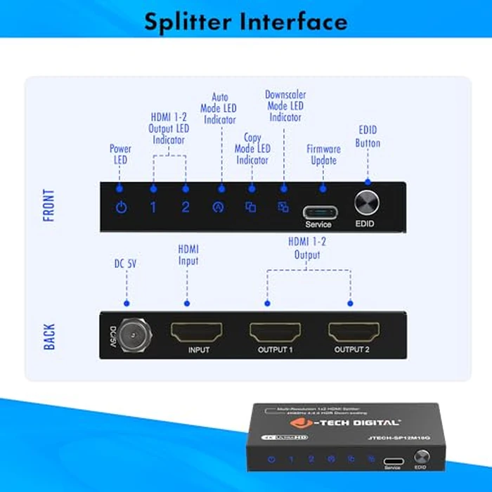 J-Tech Digital HDMI Splitter 1 in 2 Out 4K@60Hz, 1x2 HDMI Splitter for Duplicate/Mirror Screen 4K to 1080P Downscaling Function 3 EDID Settings (JTECH-SP12M18G) by J-Tech Digital - Image 7