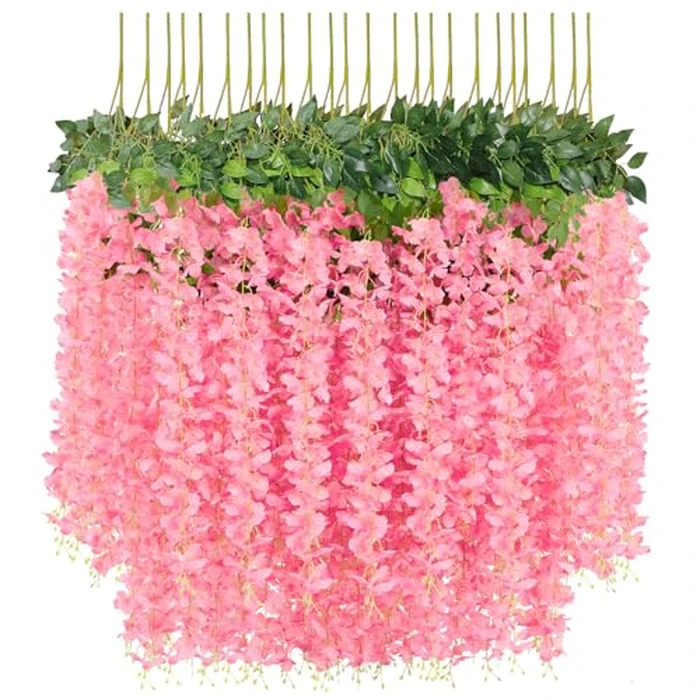 U'Artlines 24 Pack (Total 86.4 Feet) Artificial Fake Wisteria Vine Rattan Hanging Garland Silk Flowers String Home Party Wedding Decor (24, Fuchsia) by U'Artlines - Used - Like New condition