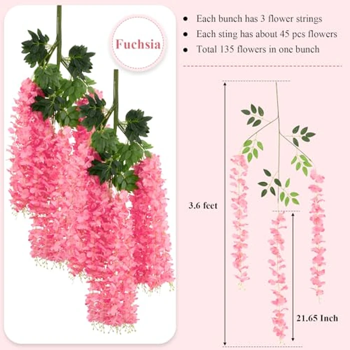 U'Artlines 24 Pack (Total 86.4 Feet) Artificial Fake Wisteria Vine Rattan Hanging Garland Silk Flowers String Home Party Wedding Decor (24, Fuchsia) by U'Artlines - Image 2