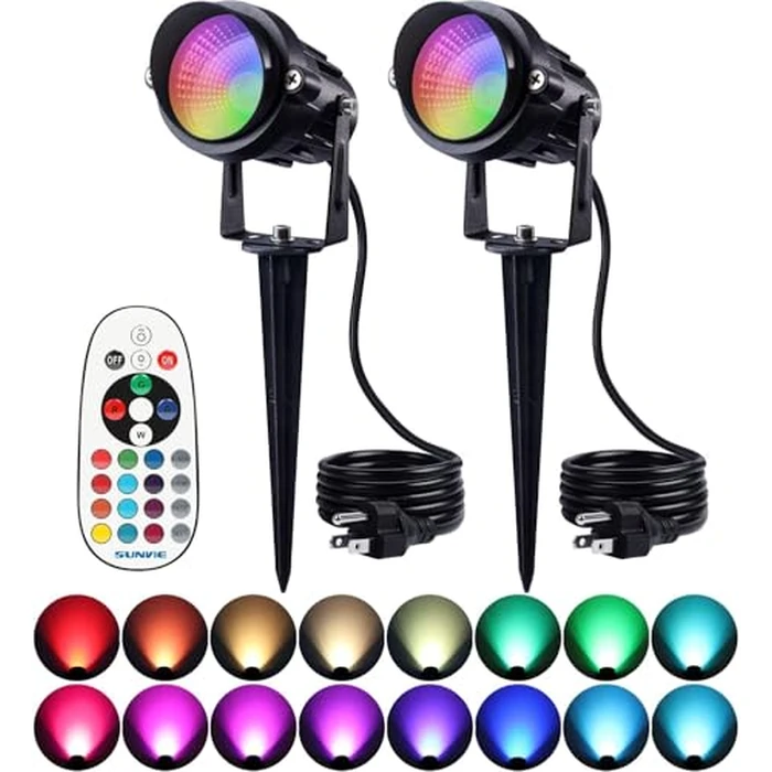SUNVIE RGB Spot Lights Outdoor 12W LED Color Changing Landscape Lights with Remote Control 120V RGBW Landscape Lighting Waterproof Outdoor Spotlight for Yard Garden Patio Lawn Decorative, 2 Pack by SUNVIE - Used - Very Good condition
