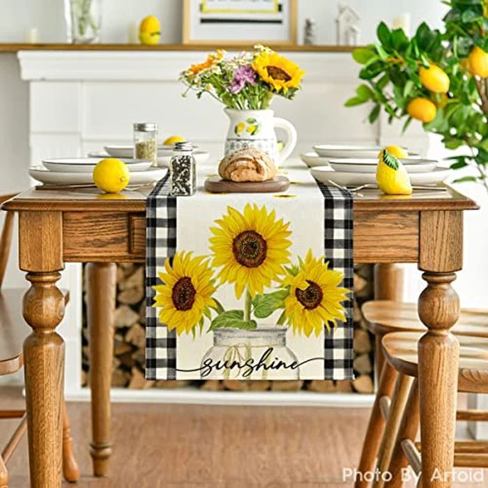 Artoid Mode Buffalo Plaid Sunflower Vase Sunshine Summer Table Runner, Spring Kitchen Dining Table Decoration for Home Party Decor 13x72 Inch by Artoid Mode - Image 2