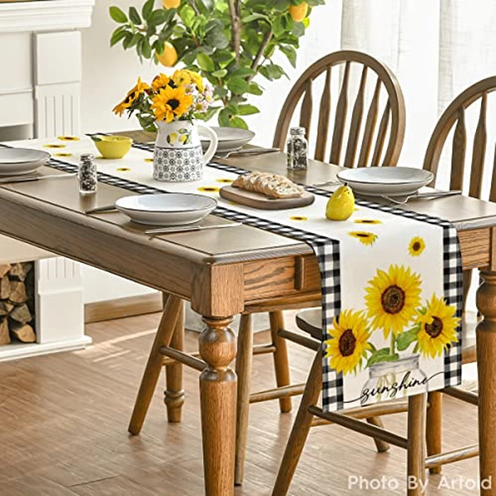 Artoid Mode Buffalo Plaid Sunflower Vase Sunshine Summer Table Runner, Spring Kitchen Dining Table Decoration for Home Party Decor 13x72 Inch by Artoid Mode - Image 4
