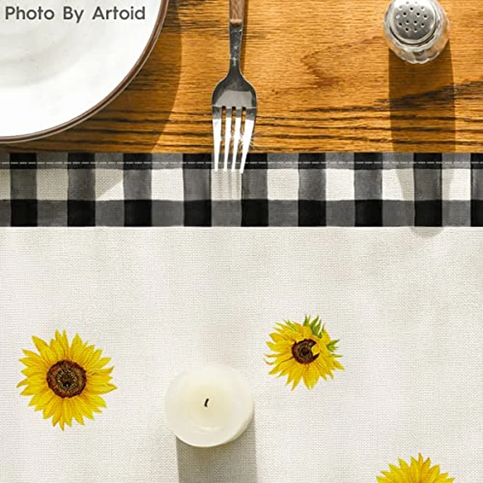 Artoid Mode Buffalo Plaid Sunflower Vase Sunshine Summer Table Runner, Spring Kitchen Dining Table Decoration for Home Party Decor 13x72 Inch by Artoid Mode - Image 7