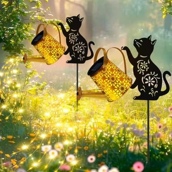 Solar Lights Outdoor Decorative, Watering Can with Cascading Lights, with Cat Silhouette Garden Stakes, Waterproof Metal Garden Decor for Yard Art, Outside, Patio, Lawn 2PACK by ostritec - Image 1