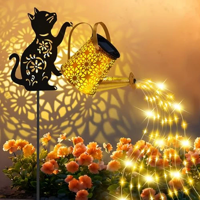 Solar Lights Outdoor Decorative, Watering Can with Cascading Lights, with Cat Silhouette Garden Stakes, Waterproof Metal Garden Decor for Yard Art, Outside, Patio, Lawn 2PACK by ostritec - Image 2