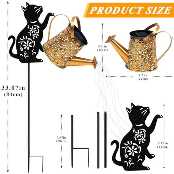 Solar Lights Outdoor Decorative, Watering Can with Cascading Lights, with Cat Silhouette Garden Stakes, Waterproof Metal Garden Decor for Yard Art, Outside, Patio, Lawn 2PACK by ostritec - Image 5