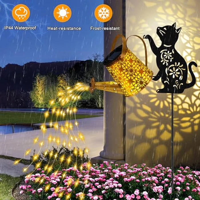 Solar Lights Outdoor Decorative, Watering Can with Cascading Lights, with Cat Silhouette Garden Stakes, Waterproof Metal Garden Decor for Yard Art, Outside, Patio, Lawn 2PACK by ostritec - Image 6