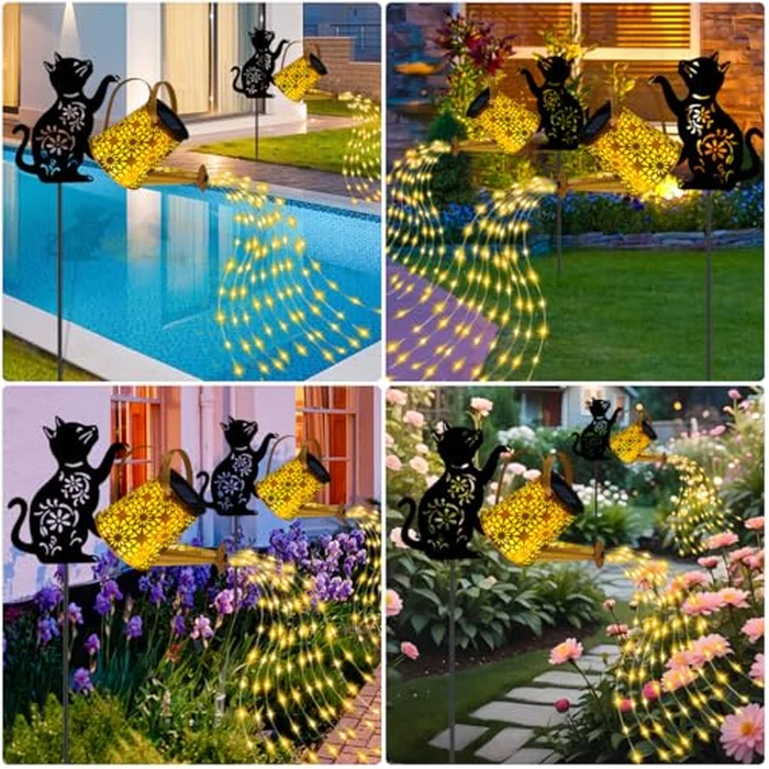 Solar Lights Outdoor Decorative, Watering Can with Cascading Lights, with Cat Silhouette Garden Stakes, Waterproof Metal Garden Decor for Yard Art, Outside, Patio, Lawn 2PACK by ostritec - Image 7