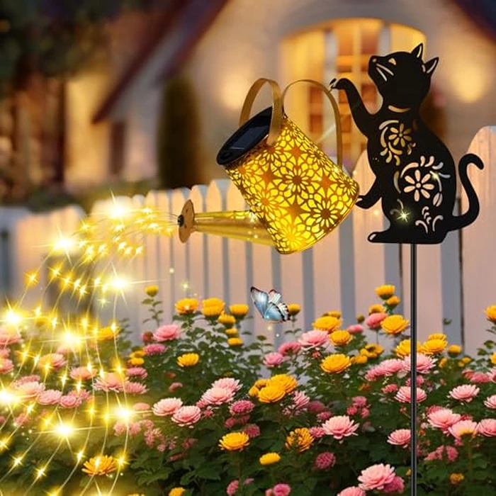 Solar Lights Outdoor Decorative, Watering Can with Cascading Lights, with Cat Silhouette Garden Stakes, Waterproof Metal Garden Decor for Yard Art, Outside, Patio, Lawn 2PACK by ostritec - Image 8
