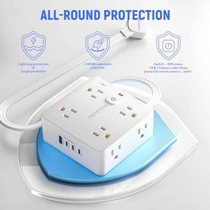 P&P&P&St Surge Protector Power Strip with USB, Wall Mount Outlet Extender, 8 Outlets + 4USB Ports (1USB-A + 3USB-C/20W), 11 Ft Flat Plug Extension Cord, Overload & Lightning Protection, UL Certified, by P&P&P&St - Image 2