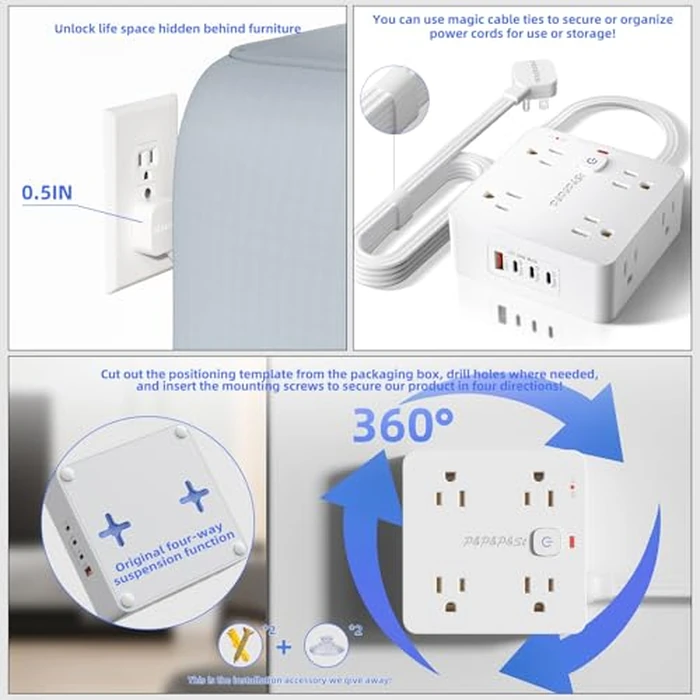 P&P&P&St Surge Protector Power Strip with USB, Wall Mount Outlet Extender, 8 Outlets + 4USB Ports (1USB-A + 3USB-C/20W), 11 Ft Flat Plug Extension Cord, Overload & Lightning Protection, UL Certified, by P&P&P&St - Image 7