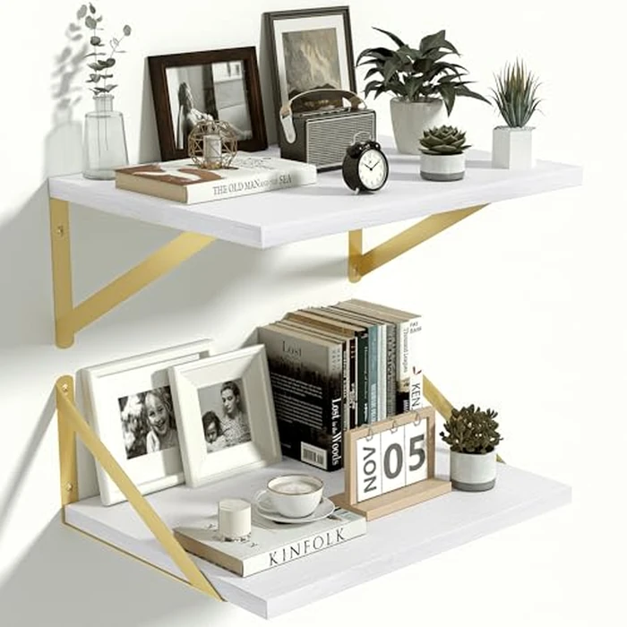 Heimlove 12 Inch Deep White Floating Shelves for Wall,Wood Floating Shelves 16" W x 12" D Set of 2,Wall Mounted Shelves for Living Room, Bedroom, Kitchen, Bathroom and Decor Storage,Gold Bracket by Heimlove - Used - Acceptable condition