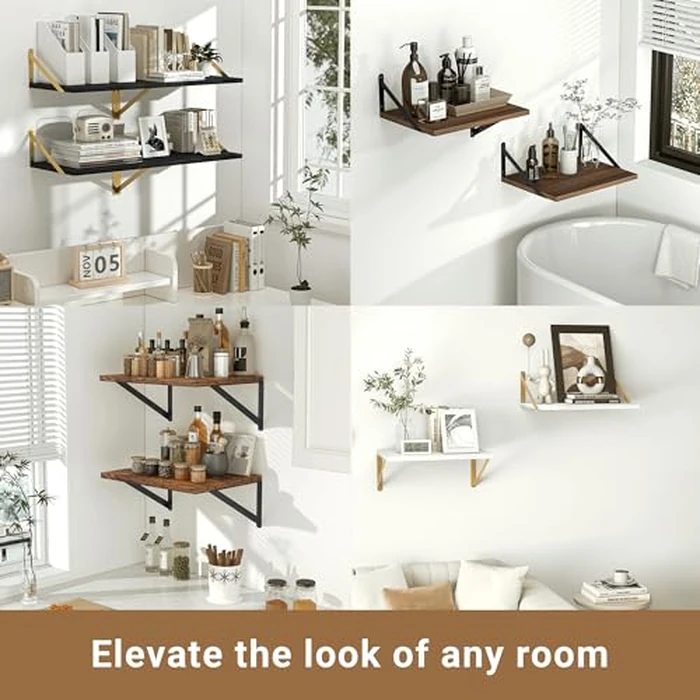 Heimlove 12 Inch Deep White Floating Shelves for Wall，Wood Floating Shelves 16" W x 12" D Set of 2，Wall Mounted Shelves for Living Room, Bedroom, Kitchen, Bathroom and Decor Storage,Gold Bracket by Heimlove - Image 6