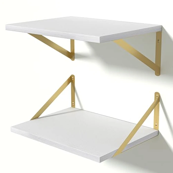 Heimlove 12 Inch Deep White Floating Shelves for Wall，Wood Floating Shelves 16" W x 12" D Set of 2，Wall Mounted Shelves for Living Room, Bedroom, Kitchen, Bathroom and Decor Storage,Gold Bracket by Heimlove - Image 7