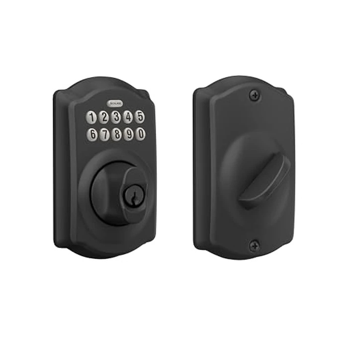 Schlage Camelot Electronic Keypad Deadbolt Lock, Keyless Front Door Entry, Mechanical Key Backup Included, Matte Black, BE365 CAM 622 by SCHLAGE - Used - Acceptable condition