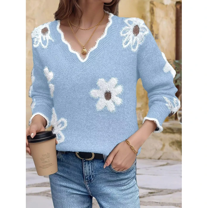 Flamingals Women's 2026 V Neck Floral Sweaters Casual Long Sleeve Fuzzy Knit Pullover Sweaters Dressy Casual Tops Sky Blue S by Flamingals - Image 2