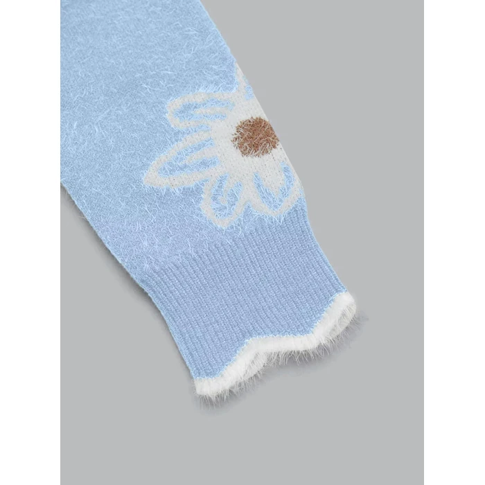 Flamingals Women's 2026 V Neck Floral Sweaters Casual Long Sleeve Fuzzy Knit Pullover Sweaters Dressy Casual Tops Sky Blue S by Flamingals - Image 4