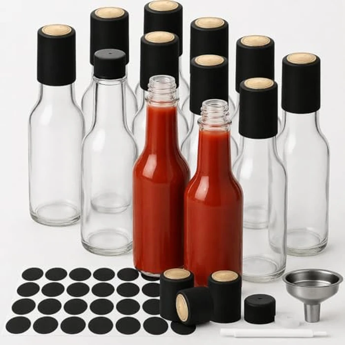 WERTIOO Hot Sauce Bottles, 12-Pack 5oz Glass Hot Sauce Containers with Caps & Funnel - Small Refillable Bottles for Homemade Oil, Vinegar - Great for Kitchen Use, Gifting, Sample Packaging by WERTIOO - Used - Like New condition - CA$16.53
