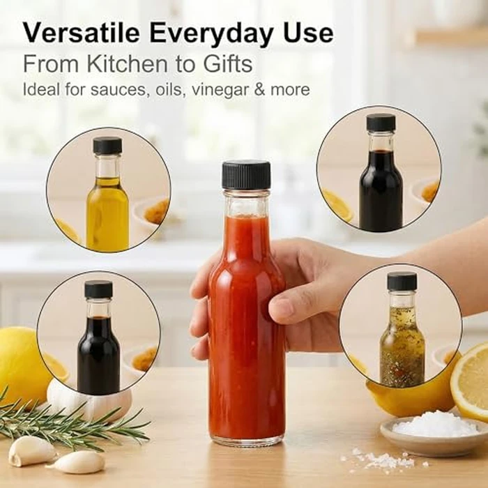 WERTIOO Hot Sauce Bottles, 12-Pack 5oz Glass Hot Sauce Containers with Caps & Funnel - Small Refillable Bottles for Homemade Oil, Vinegar - Great for Kitchen Use, Gifting, Sample Packaging by WERTIOO - Image 3