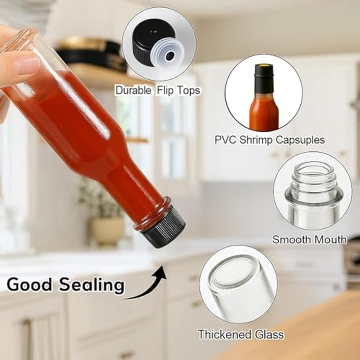 WERTIOO Hot Sauce Bottles, 12-Pack 5oz Glass Hot Sauce Containers with Caps & Funnel - Small Refillable Bottles for Homemade Oil, Vinegar - Great for Kitchen Use, Gifting, Sample Packaging by WERTIOO - Image 4