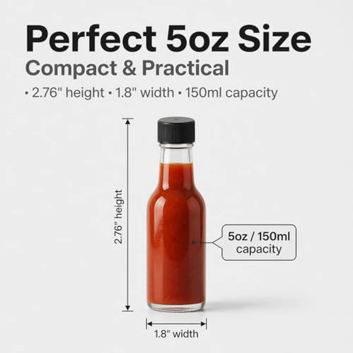 WERTIOO Hot Sauce Bottles, 12-Pack 5oz Glass Hot Sauce Containers with Caps & Funnel - Small Refillable Bottles for Homemade Oil, Vinegar - Great for Kitchen Use, Gifting, Sample Packaging by WERTIOO - Image 6