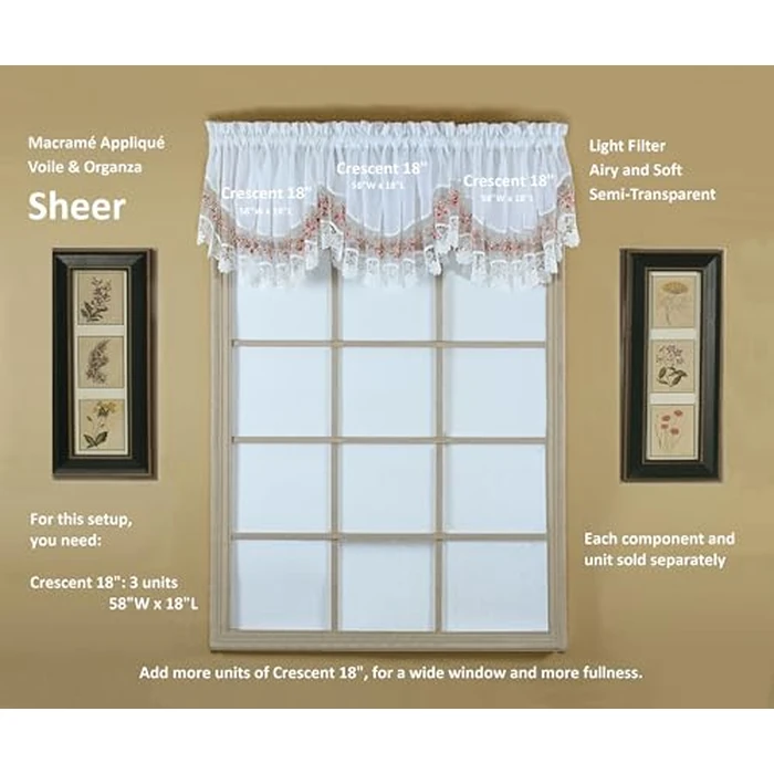 Today's Curtain, Vintage Macramé Organza Crescent 18", White/Rose, 58" W x 18" L by Today's Curtain - Image 4
