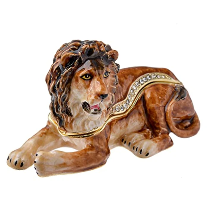 FJ FENGZHIJIE Golden Crystal Enameled Lion Jewelry Box, Hand-Painted Hinged Wild Animal Trinket Box, Elegant Home Décor & Unique Gift for Lion Lovers by FJ FENGZHIJIE - Used - Like New condition - US$17.32