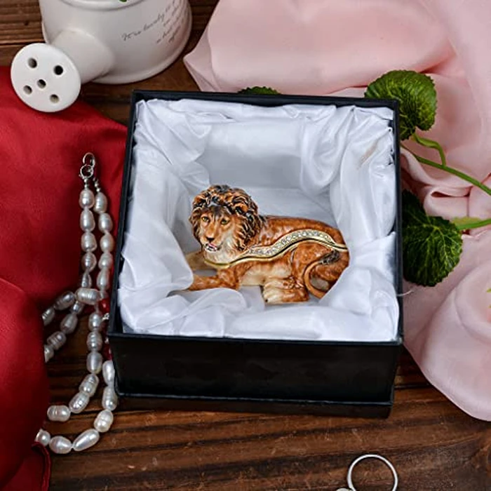 FJ FENGZHIJIE Golden Crystal Enameled Lion Jewelry Box, Hand-Painted Hinged Wild Animal Trinket Box, Elegant Home Décor & Unique Gift for Lion Lovers by FJ FENGZHIJIE - Image 7