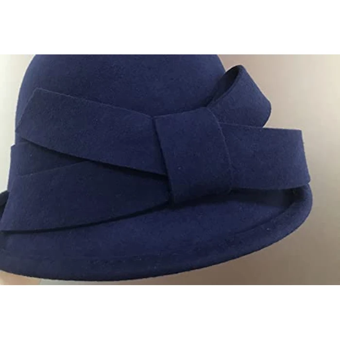 ZX Women Winter Wool Felt Cloche Bucket Hat 1920s Vintage Gatsby Hat Elegant Bow Church Wedding Hat Navy Blue 026 Navy Blue One Size by Z&X - Image 2